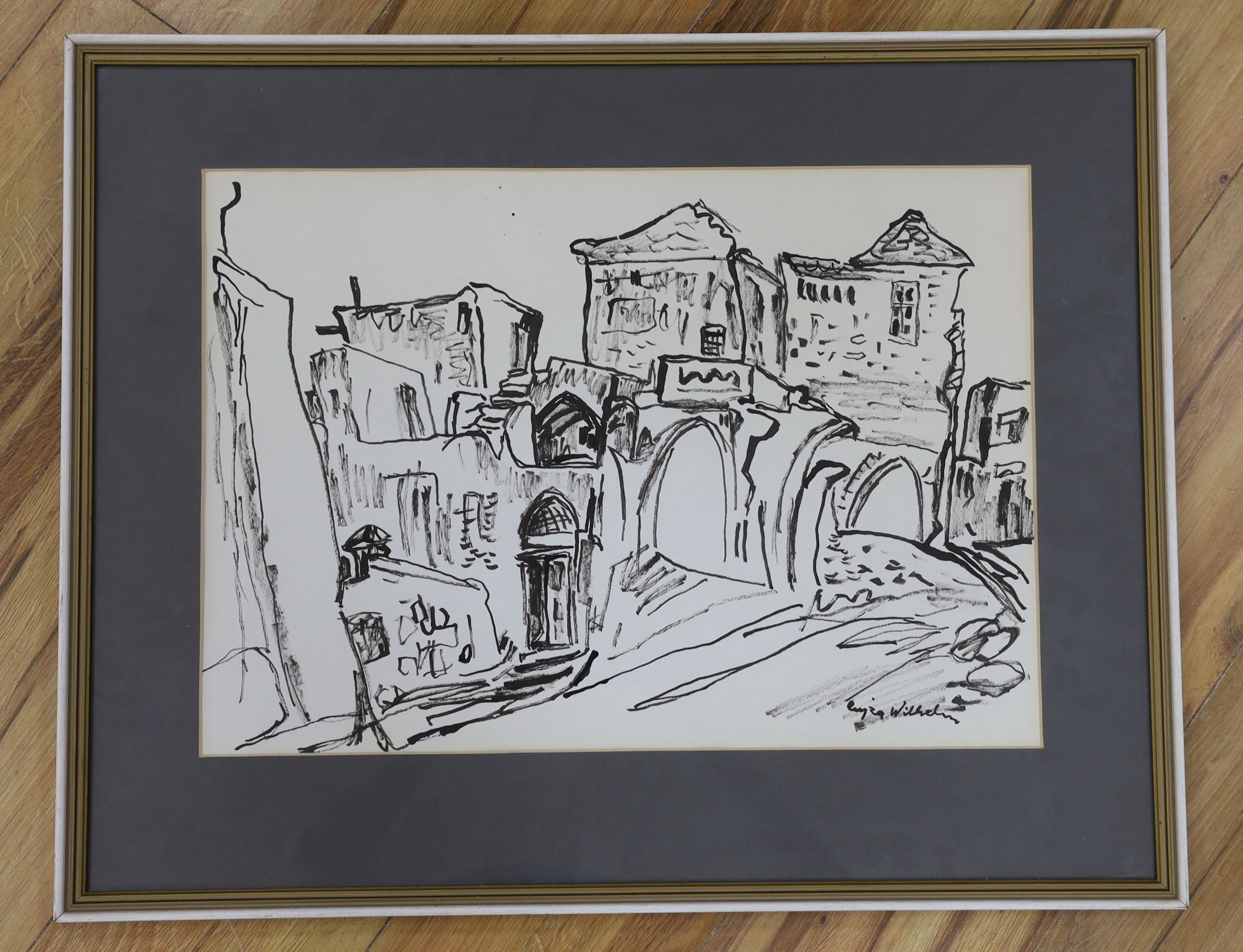 Paul Wilhelm, ink on paper, Mediterranean houses, signed, 34 x 49cm